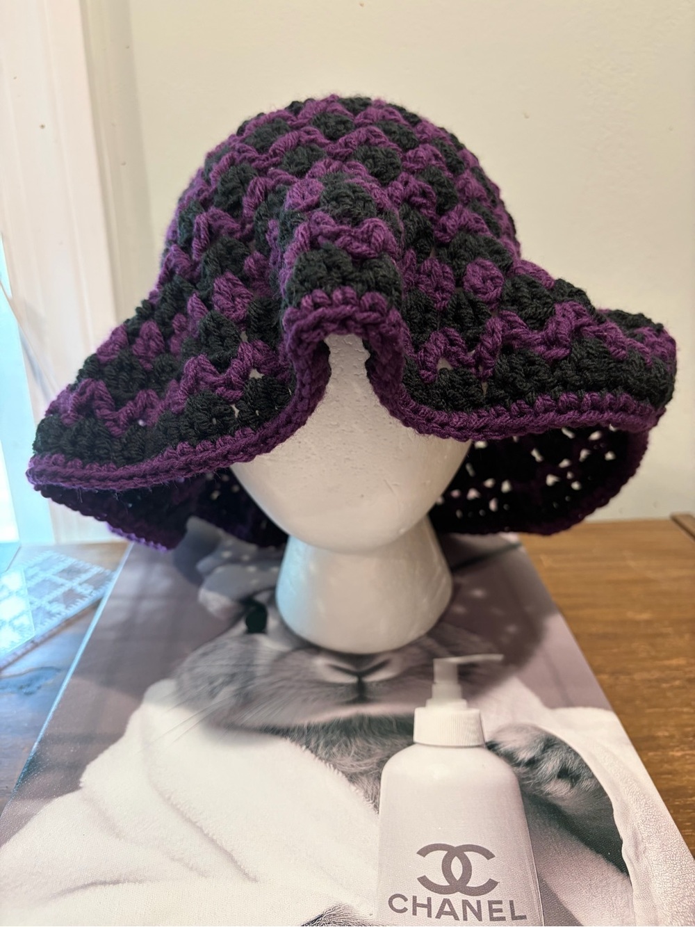 Purple & Black Crochet Bucket Hat | Acrylic Gothic Halloween Festival One Size - Picture 3 of 4